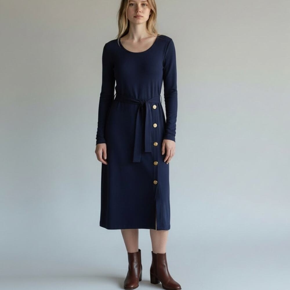 Lauren Ralph Lauren Belted Rib Knit Dress NWT Women's Sz 12 Navy Midi Buttons